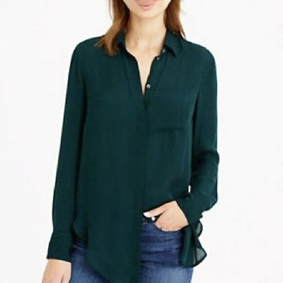 EUC J.Crew 100% Silk Shirt Dark Emerald Green 0, XS - Picture 1 of 7
